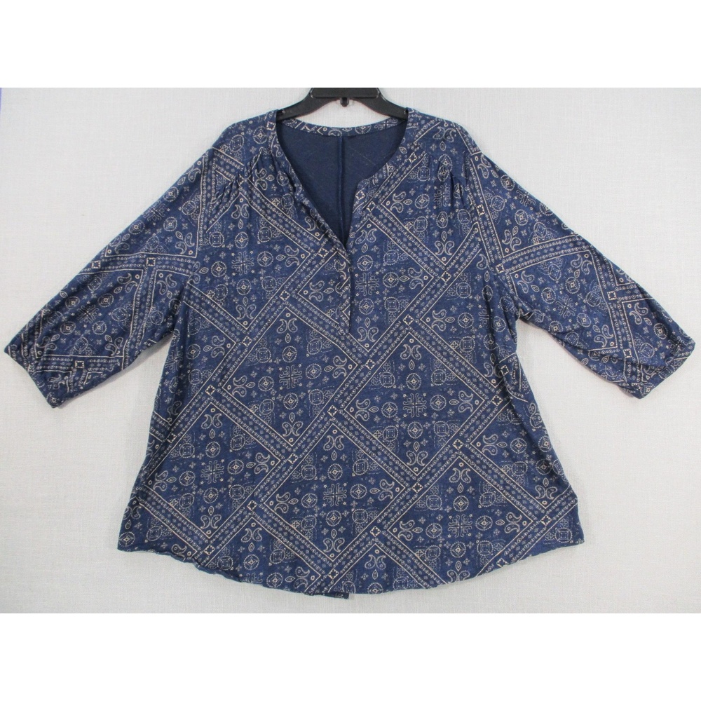 Blue Tan Bandana Pattern Boho Chic V-Neck 3/4‎ Sleeve Top Blouse Womens